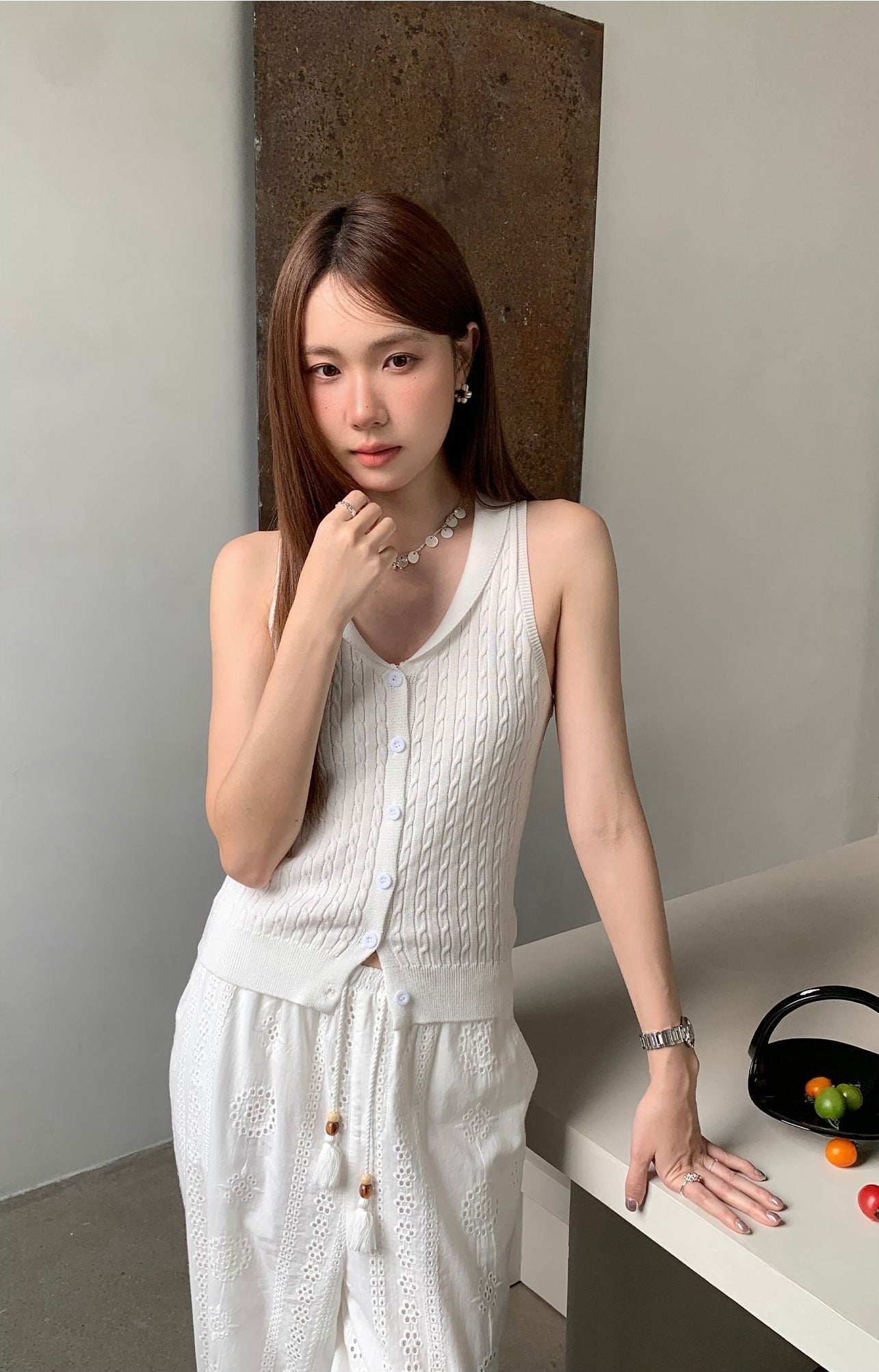 ソフトフィットケーブル編みサマーニットタンク
