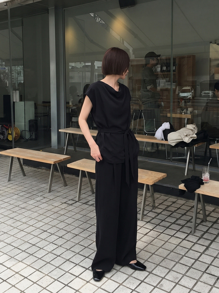 ウエストリボンシアードレープブラウス×ワイドパンツセットアップ
