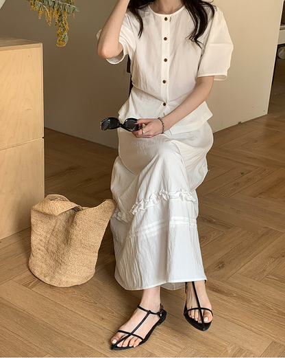 パフスリーブバックリボンブラウス×フリルヘムフレアスカートセットアップ