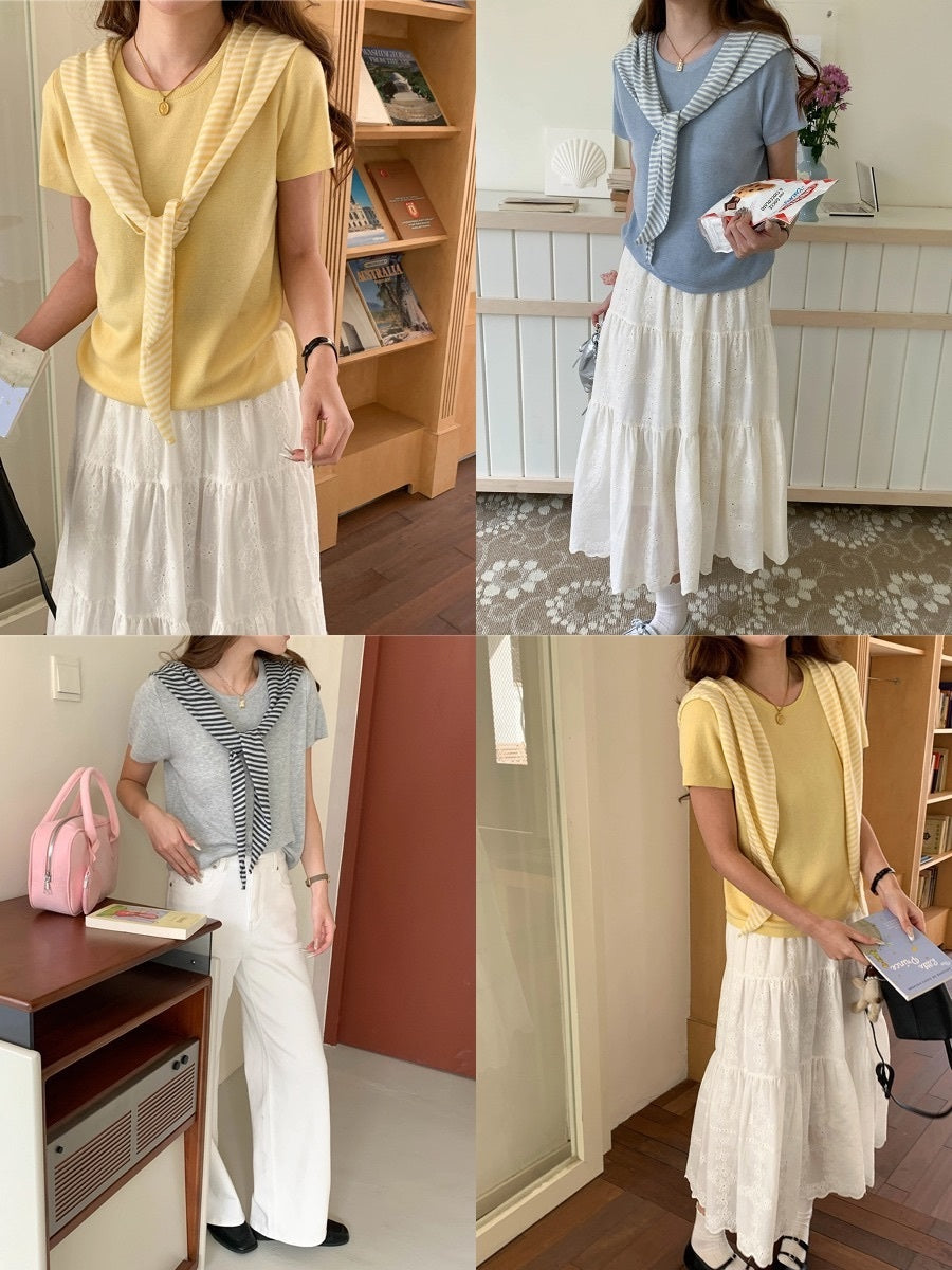 ボーダー柄ショール付き半袖ニット