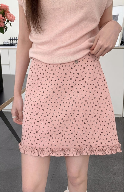 レトロフラワーAラインフリルヘムミニスカート
