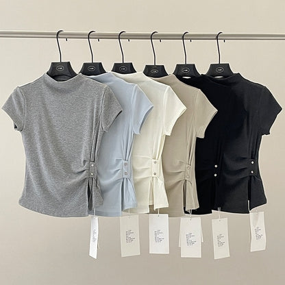 サイドボタンウエストシェイプニットトップス 5color