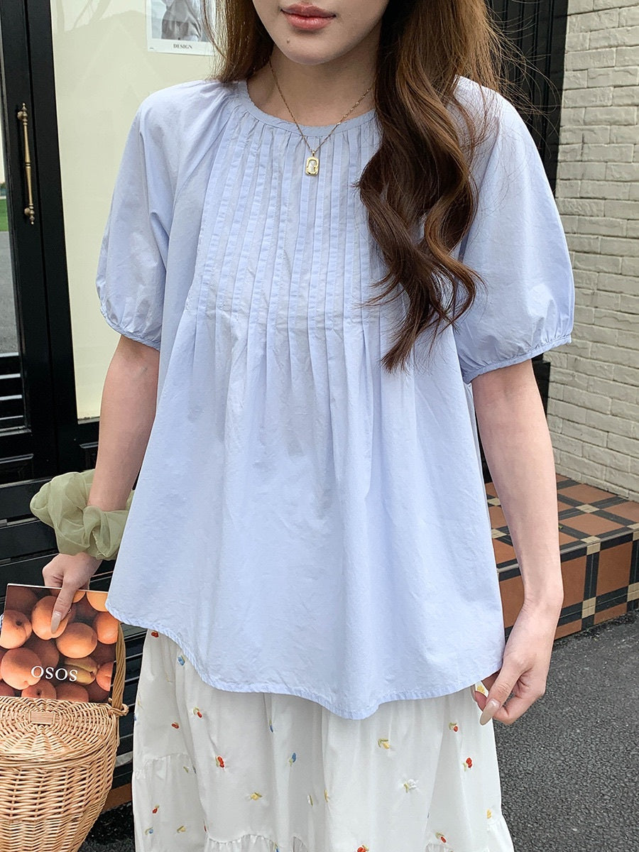 ピンタックパフスリーブコットンブラウス