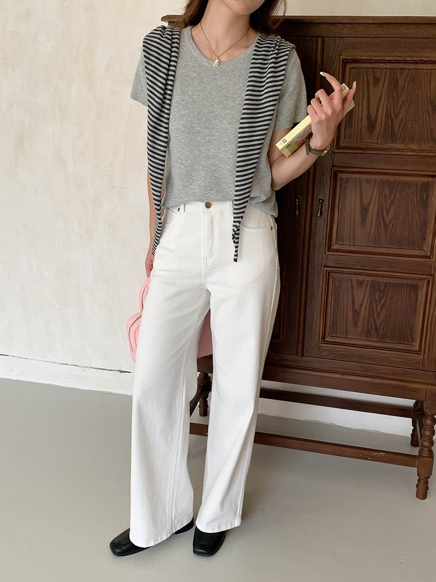 ボーダー柄ショール付き半袖ニット
